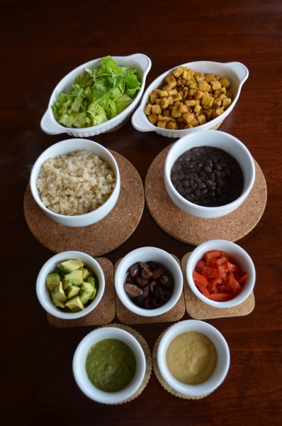 Basic rice and bean bowl ingredients.